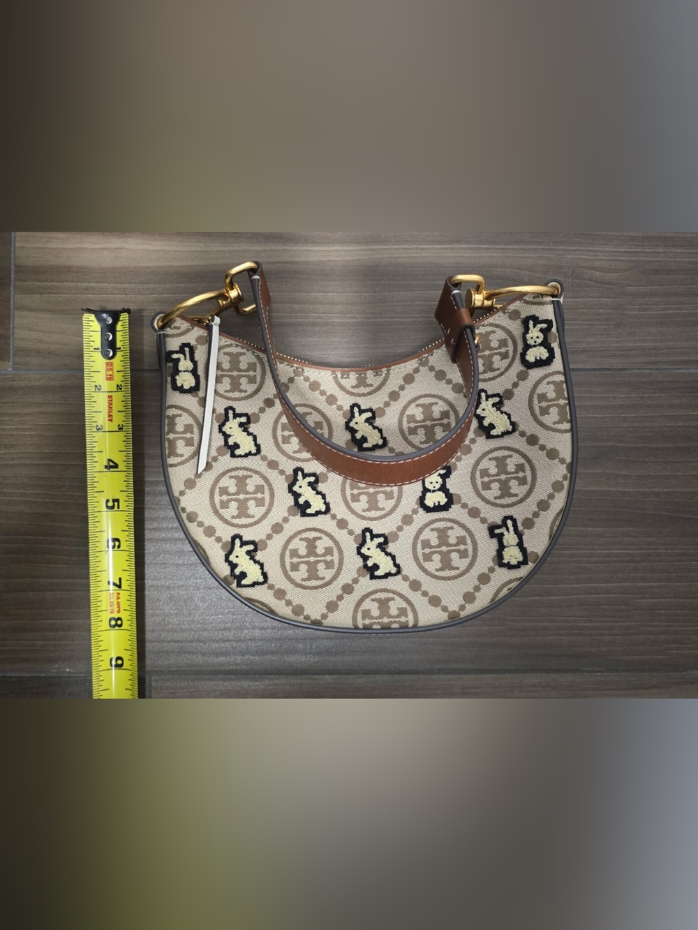 Tory Burch Monogram Embroidered Rabbit Crescent Bag - Picture 11 of 13
